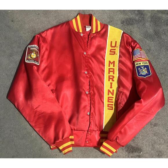 Vtg 80s USA Marines Corp Red Satin Bomber Varsity Jacket LARGE New York Soffe. - Picture 7 of 7
